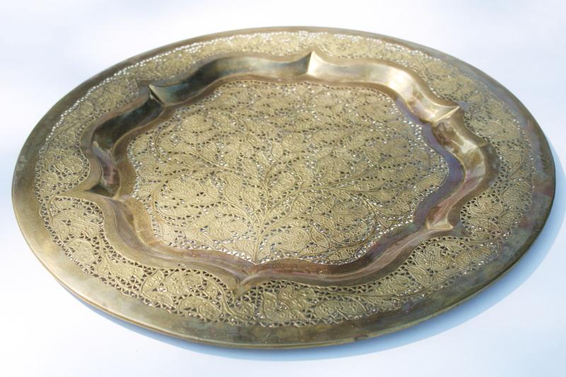 photo of 70s vintage boho decor, big round brass wall hanging tray w/ paisley lace texture #2