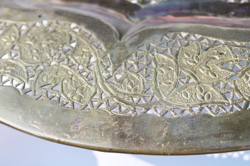 photo of 70s vintage boho decor, big round brass wall hanging tray w/ paisley lace texture #6