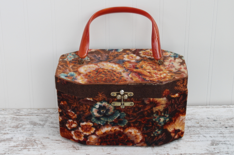 photo of 70s vintage box bag purse, Billie Ross Palm Beach dark floral print velvet fall colors #1