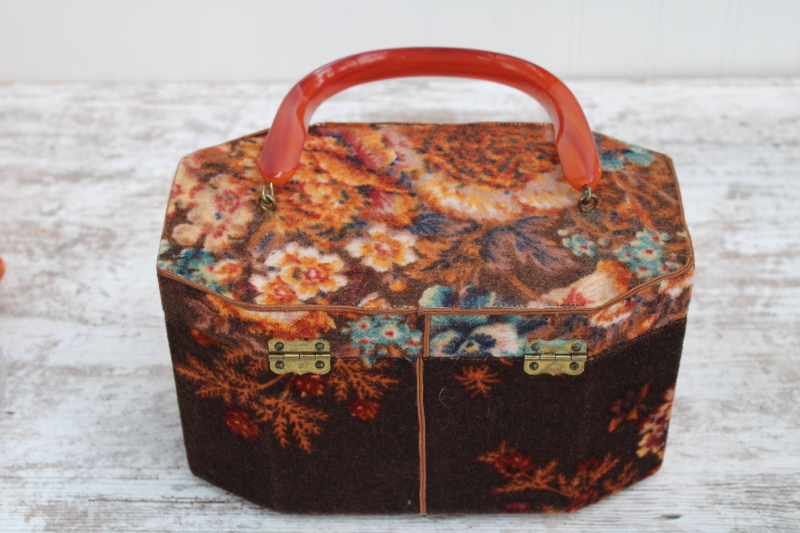 photo of 70s vintage box bag purse, Billie Ross Palm Beach dark floral print velvet fall colors #7