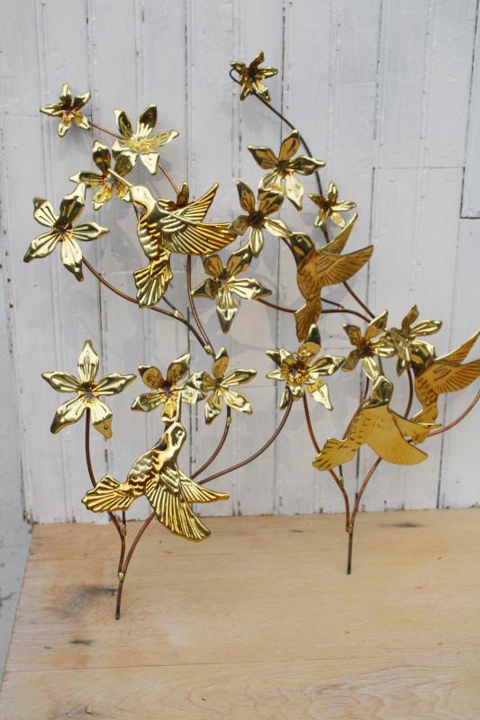 photo of 70s vintage brass copper metal wall art sculptures boho decor hummingbirds & flowers #2