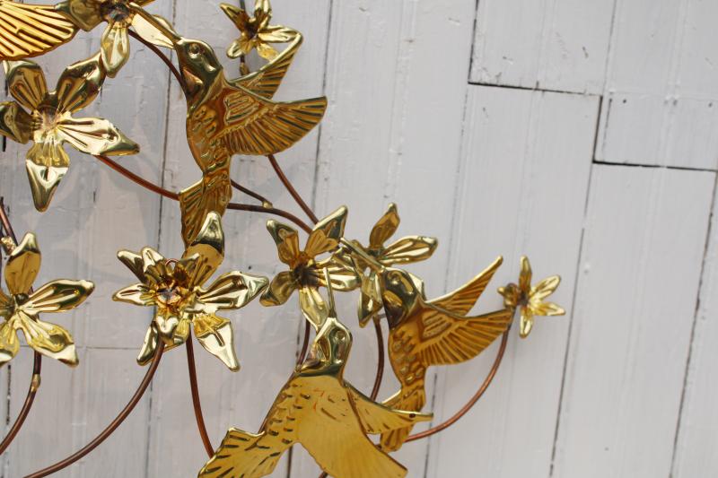 photo of 70s vintage brass copper metal wall art sculptures boho decor hummingbirds & flowers #3