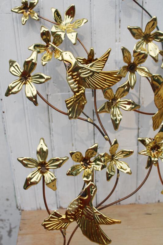 photo of 70s vintage brass copper metal wall art sculptures boho decor hummingbirds & flowers #4