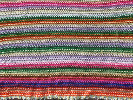 photo of 70s vintage broomstick lace crochet afghan, chunky stripes in retro colors #2