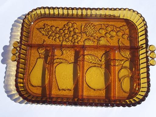 photo of 70s vintage carnival glass divided relish plate, gold luster fruit tray #1