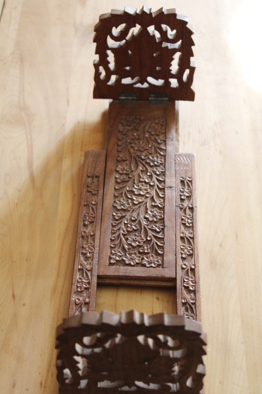 photo of 70s vintage carved wood book rack, expandable bookshelf stand, boho style India sheesham or teak wood #4