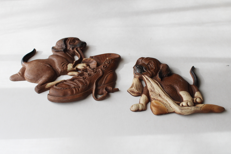 photo of 70s vintage cast metal wall art plaques, dogs behaving badly, pair of puppies w/ shoes #2