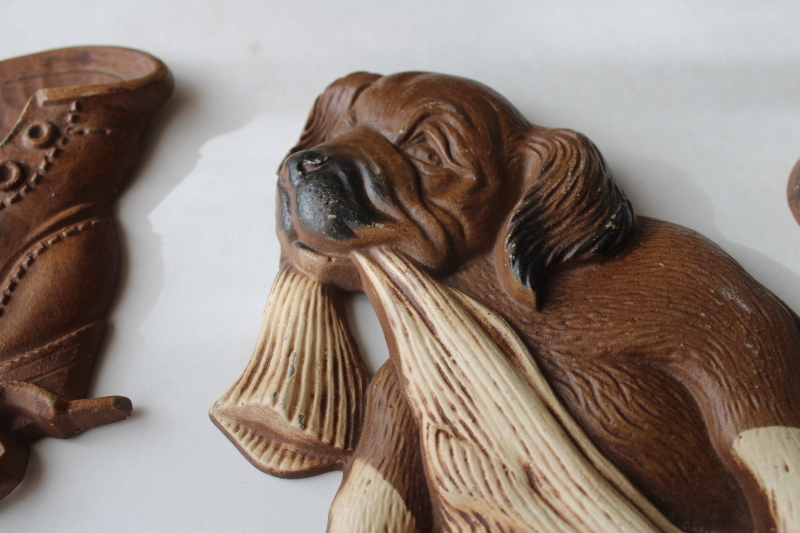 photo of 70s vintage cast metal wall art plaques, dogs behaving badly, pair of puppies w/ shoes #3