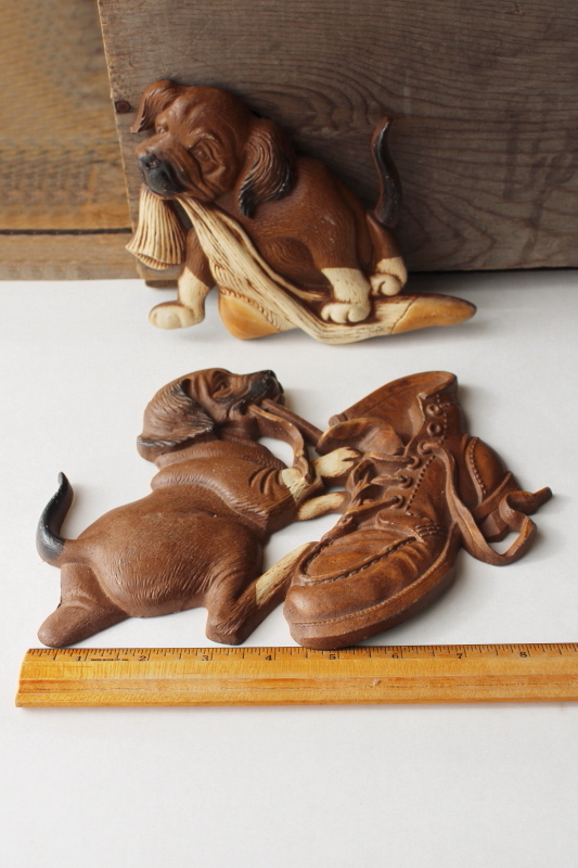 photo of 70s vintage cast metal wall art plaques, dogs behaving badly, pair of puppies w/ shoes #7