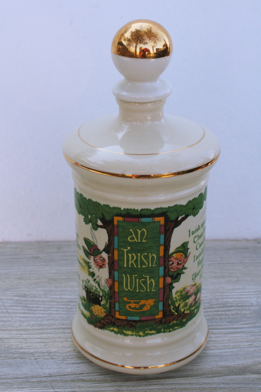 photo of 70s vintage ceramic decanter, Irish wish leprechauns luck & blessings, Old Fitzgerald bottle #1