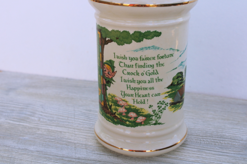 photo of 70s vintage ceramic decanter, Irish wish leprechauns luck & blessings, Old Fitzgerald bottle #2