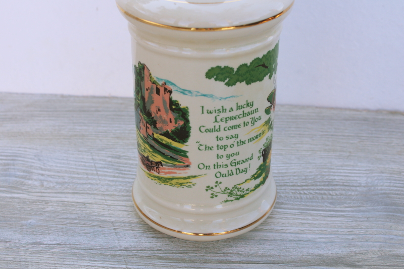 photo of 70s vintage ceramic decanter, Irish wish leprechauns luck & blessings, Old Fitzgerald bottle #3