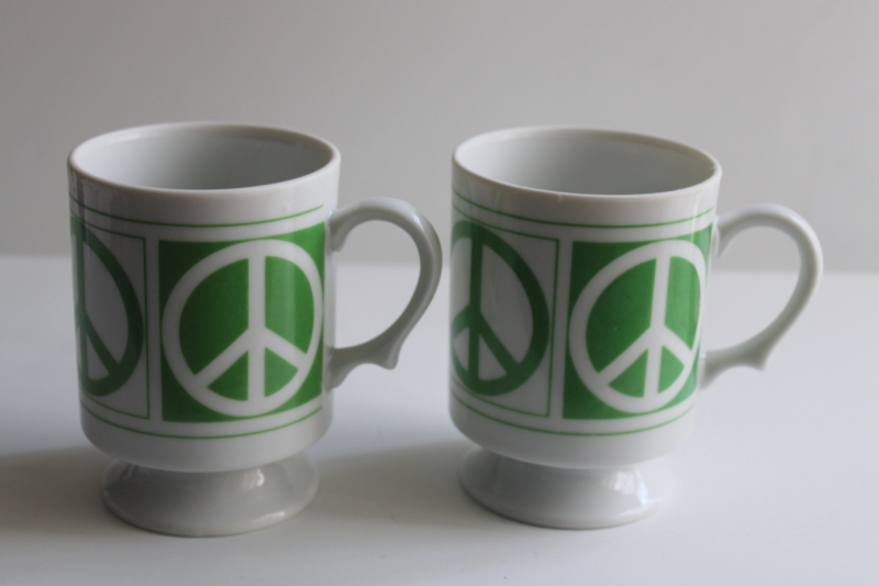 photo of 70s vintage ceramic mugs Peace sign emblems in green, Pride Creations NYC  #1