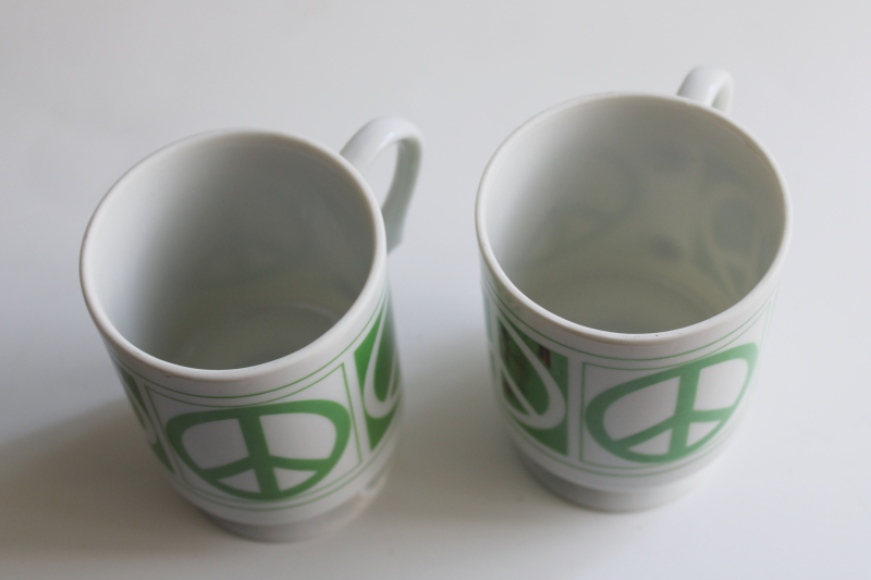 photo of 70s vintage ceramic mugs Peace sign emblems in green, Pride Creations NYC  #2