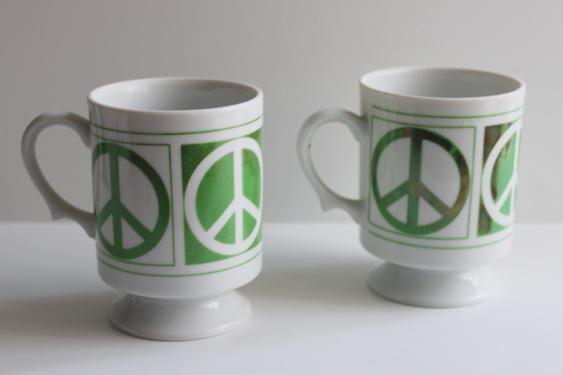 photo of 70s vintage ceramic mugs Peace sign emblems in green, Pride Creations NYC  #3