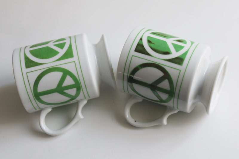 photo of 70s vintage ceramic mugs Peace sign emblems in green, Pride Creations NYC  #4