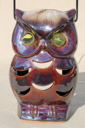 photo of 70s vintage ceramic owl lantern, retro brown owl candle luminaria light #2