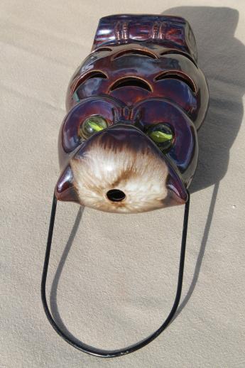 photo of 70s vintage ceramic owl lantern, retro brown owl candle luminaria light #7
