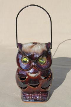 catalog photo of 70s vintage ceramic owl lantern, retro brown owl candle luminaria light