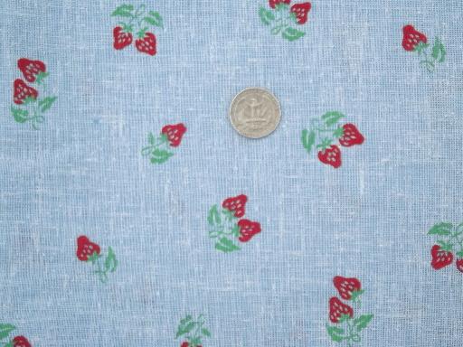 photo of 70s vintage chambray blue cotton hopsack fabric, retro strawberry print #1