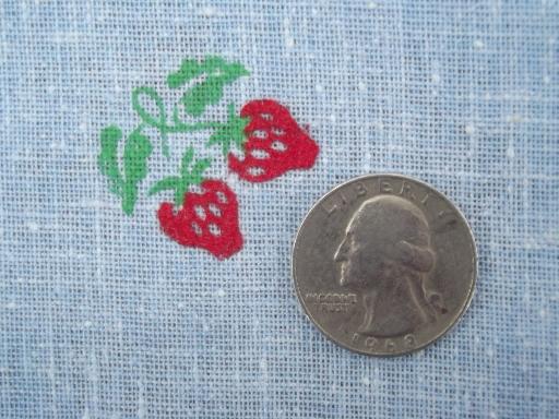 photo of 70s vintage chambray blue cotton hopsack fabric, retro strawberry print #2