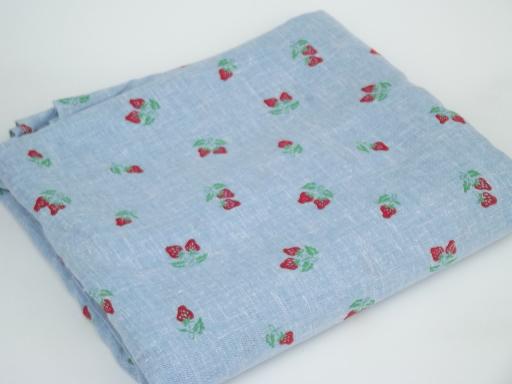 photo of 70s vintage chambray blue cotton hopsack fabric, retro strawberry print #3