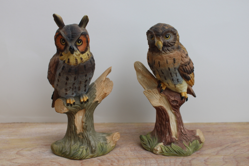 photo of 70s vintage china owl figurines, large Screech Owl & Great Horned Owl #1