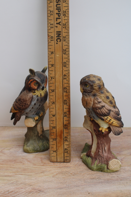 photo of 70s vintage china owl figurines, large Screech Owl & Great Horned Owl #2