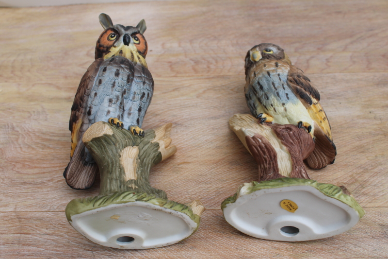 photo of 70s vintage china owl figurines, large Screech Owl & Great Horned Owl #3