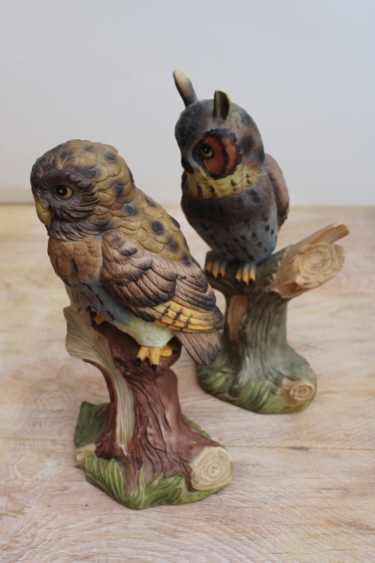 photo of 70s vintage china owl figurines, large Screech Owl & Great Horned Owl #5