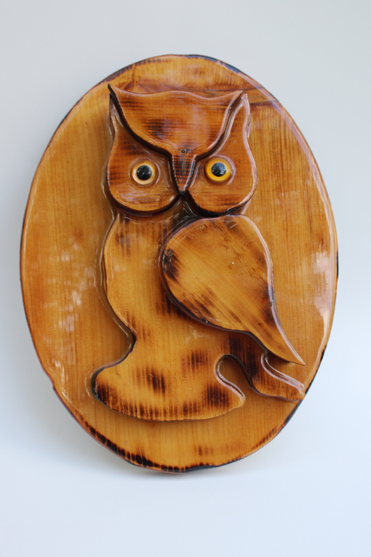 photo of 70s vintage chunky wood wall art w/ owl, handcrafted hippie style rustic decor #1