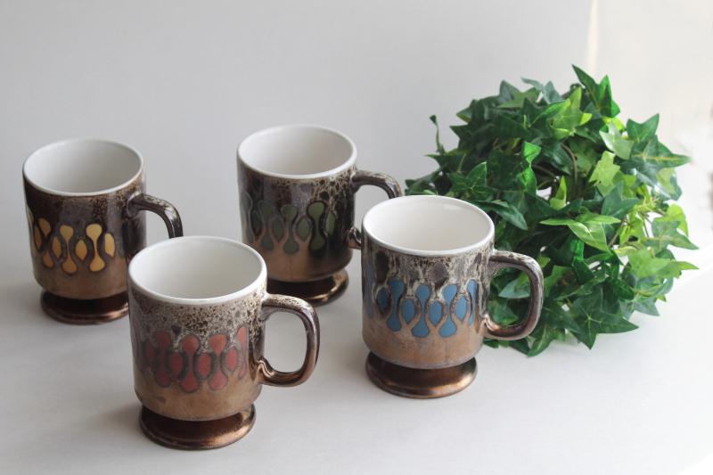 photo of 70s vintage coffee cups or mugs, red blue green yellow bronze brown drip pottery #1