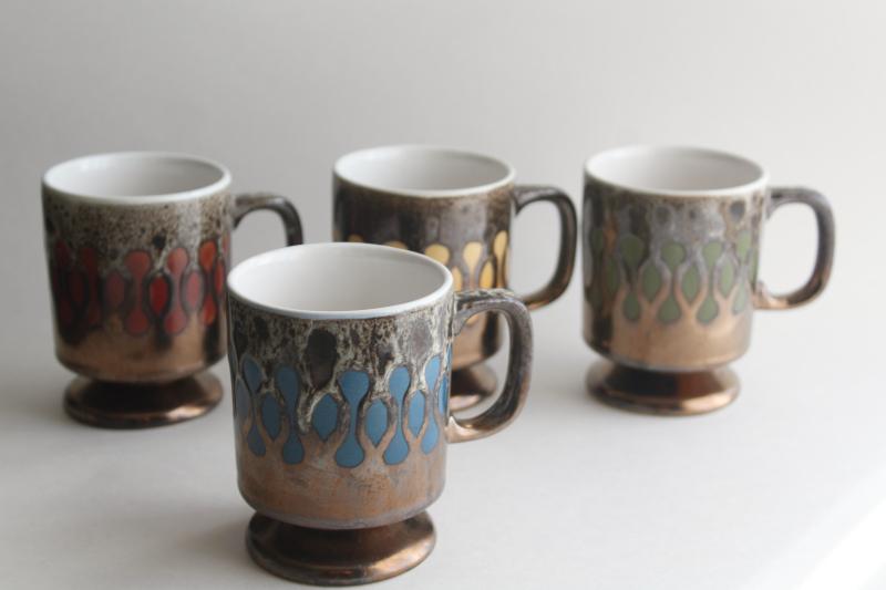 photo of 70s vintage coffee cups or mugs, red blue green yellow bronze brown drip pottery #2