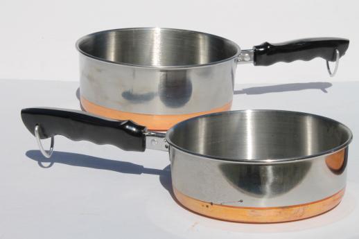 photo of 70s vintage copper bottom stainless steel pots & pans set, BY - Korea #13