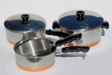 catalog photo of 70s vintage copper bottom stainless steel pots & pans set, BY - Korea