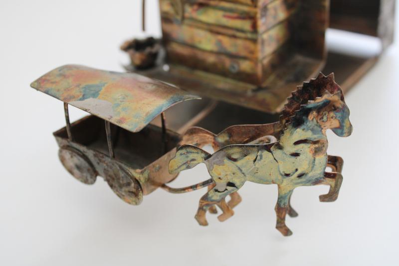 photo of 70s vintage copper metal art horse barn wagon team, music box King of the Road  #6