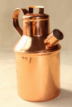 catalog photo of 70s vintage copper milk jug, carafe or oil bottle, small can w/ spout