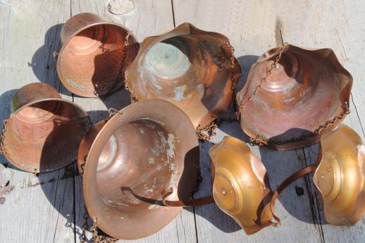 photo of 70s vintage copper planters collection, wall hanging window garden flower pots #8