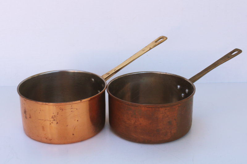 photo of 70s vintage copper saucepans w/ brass handles, french country style copper pans  #1