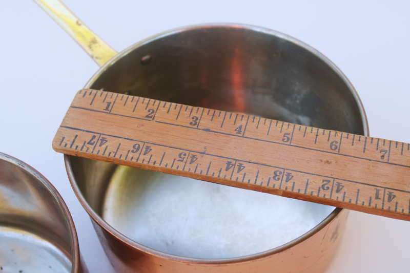 photo of 70s vintage copper saucepans w/ brass handles, french country style copper pans  #3