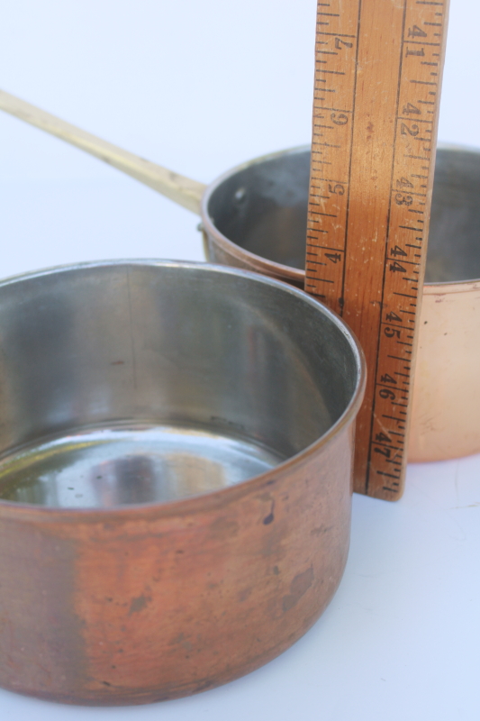 photo of 70s vintage copper saucepans w/ brass handles, french country style copper pans  #4