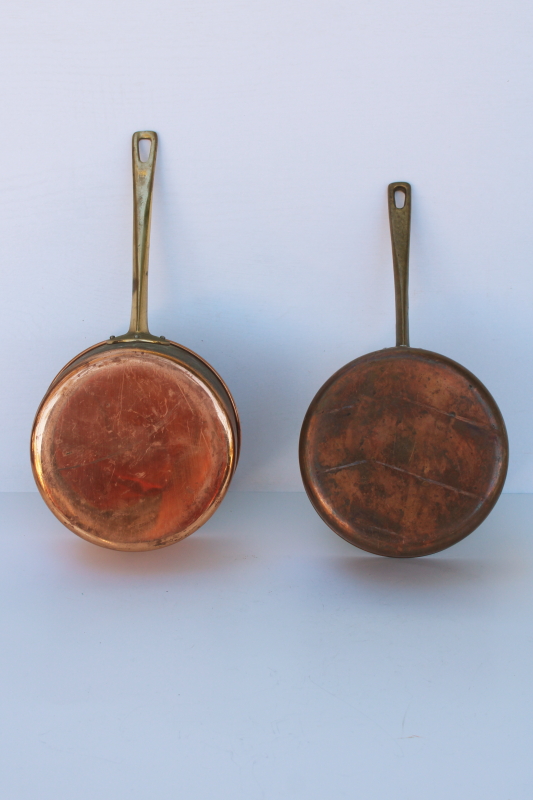 photo of 70s vintage copper saucepans w/ brass handles, french country style copper pans  #6