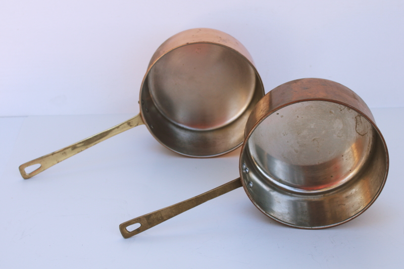 photo of 70s vintage copper saucepans w/ brass handles, french country style copper pans  #9