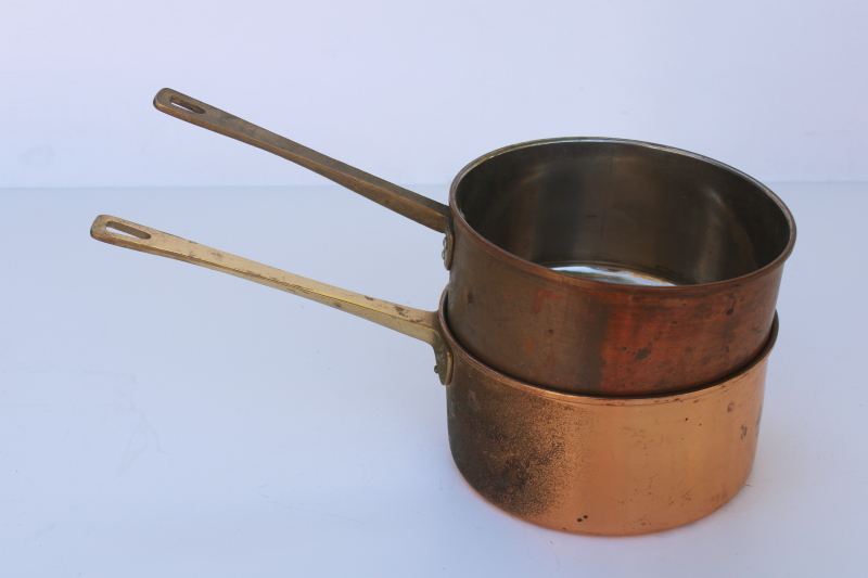 photo of 70s vintage copper saucepans w/ brass handles, french country style copper pans  #12