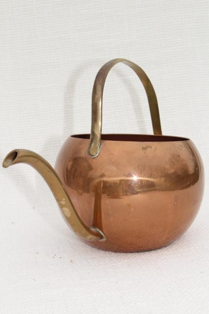 photo of 70s vintage copper watering can for house plants, round ball shape w/ long brass spout #1