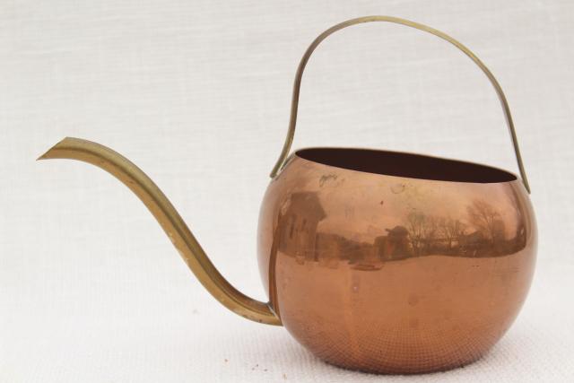 photo of 70s vintage copper watering can for house plants, round ball shape w/ long brass spout #2