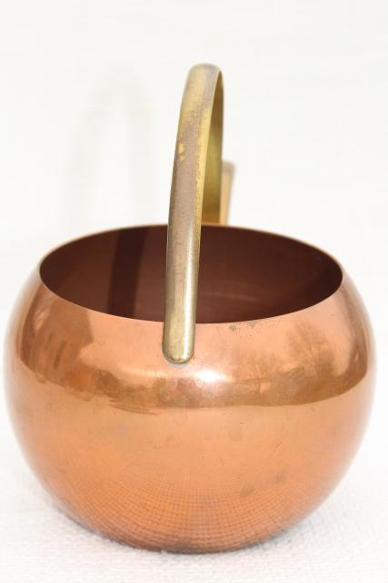 photo of 70s vintage copper watering can for house plants, round ball shape w/ long brass spout #3