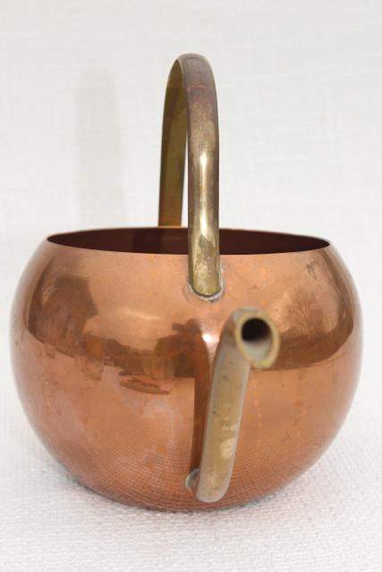 photo of 70s vintage copper watering can for house plants, round ball shape w/ long brass spout #5