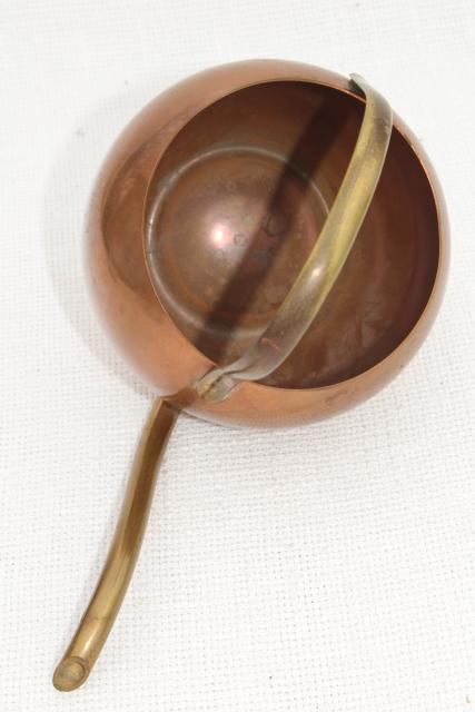 photo of 70s vintage copper watering can for house plants, round ball shape w/ long brass spout #6