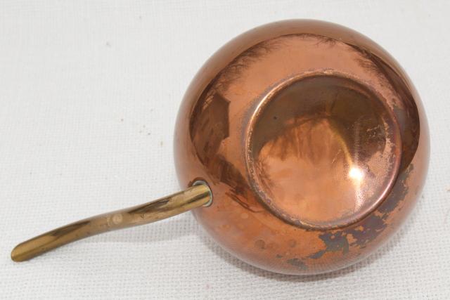 photo of 70s vintage copper watering can for house plants, round ball shape w/ long brass spout #7